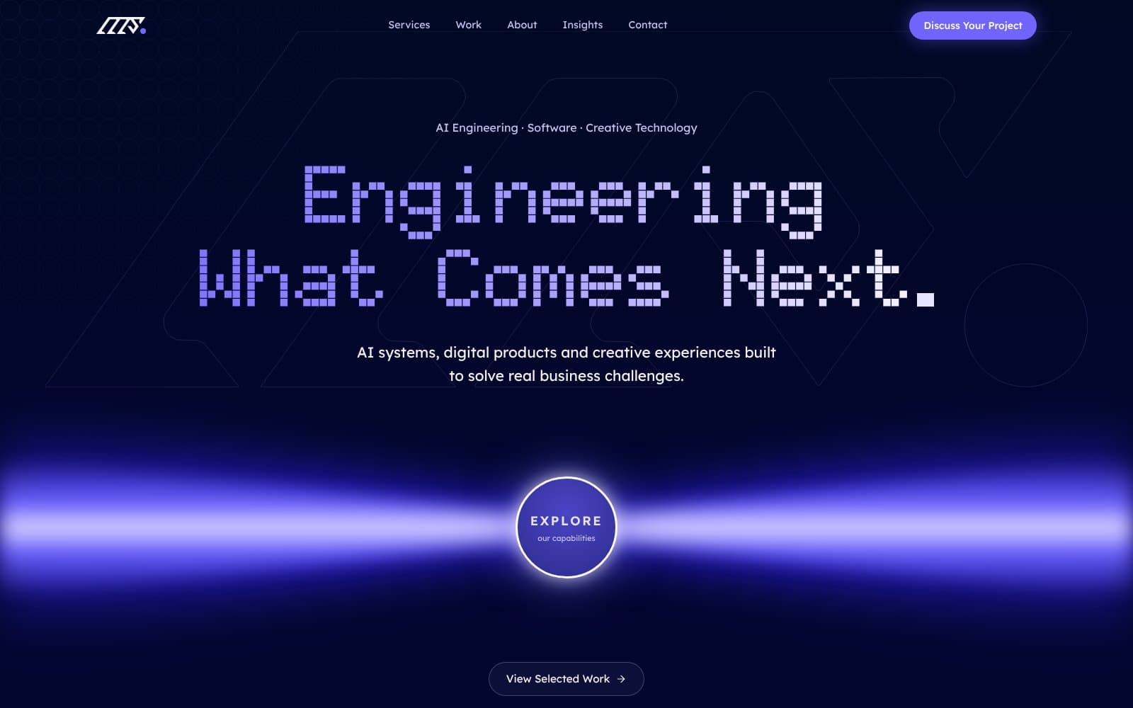 Screenshot of the MDS website homepage: the headline “Engineering What Comes Next.” beside a purple panel with the MDS mark.